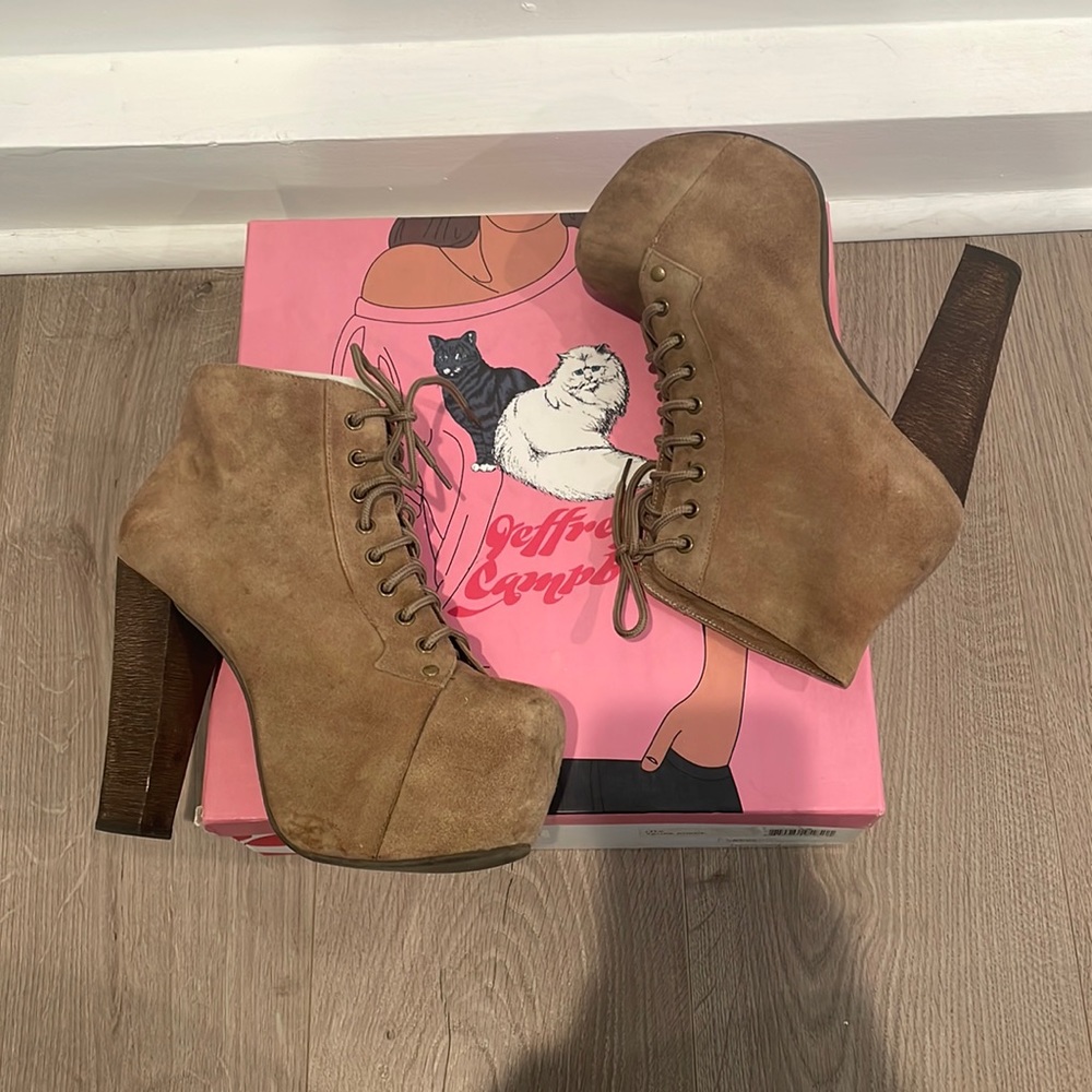Jeffrey Campbell suede taupe platform lace bootie.